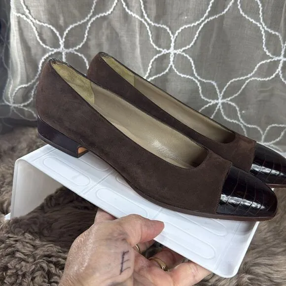 (Z3) Salvatore Ferragamo Brown Suede Crocodile Toe Loafers Heels 6.5 Heels