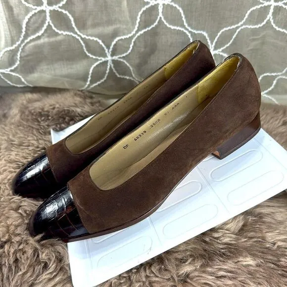 (Z3) Salvatore Ferragamo Brown Suede Crocodile Toe Loafers Heels 6.5 Heels
