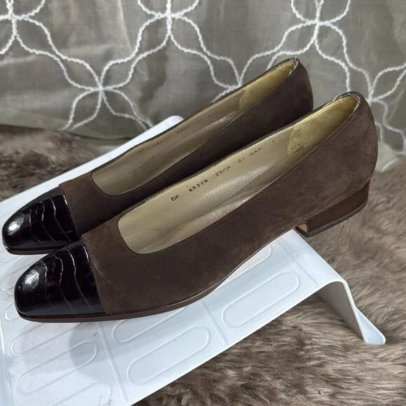 (Z3) Salvatore Ferragamo Brown Suede Crocodile Toe Loafers Heels 6.5 Heels