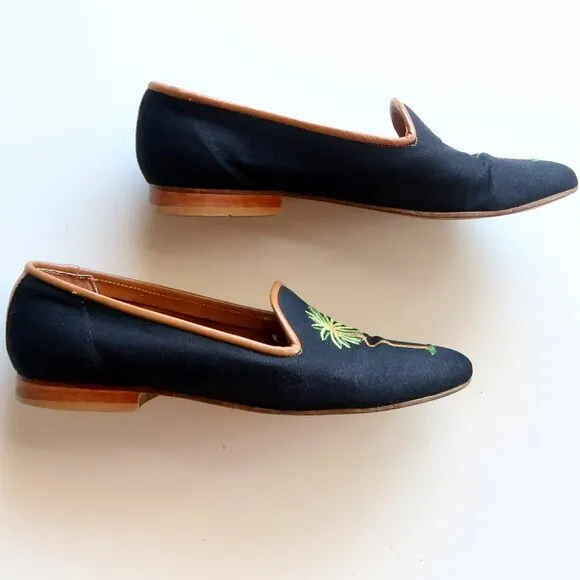Zalo Navy Blue Embroidered Palm Tree Loafers Tropical Resort Flat Shoes Travel 6