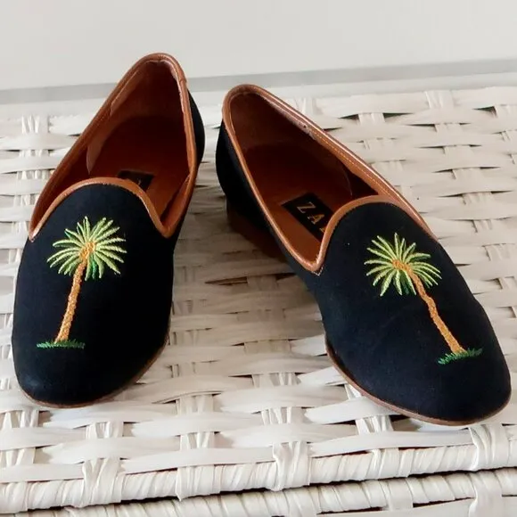 Zalo Navy Blue Embroidered Palm Tree Loafers Tropical Resort Flat Shoes Travel 6