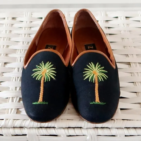 Zalo Navy Blue Embroidered Palm Tree Loafers Tropical Resort Flat Shoes Travel 6
