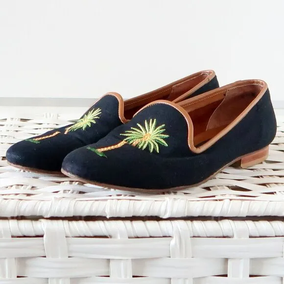 Zalo Navy Blue Embroidered Palm Tree Loafers Tropical Resort Flat Shoes Travel 6
