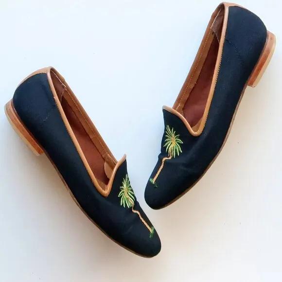 Zalo Navy Blue Embroidered Palm Tree Loafers Tropical Resort Flat Shoes Travel 6