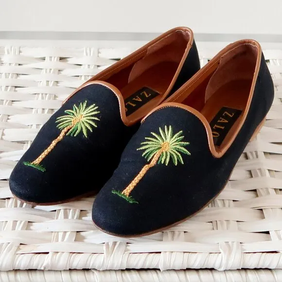 Zalo Navy Blue Embroidered Palm Tree Loafers Tropical Resort Flat Shoes Travel 6