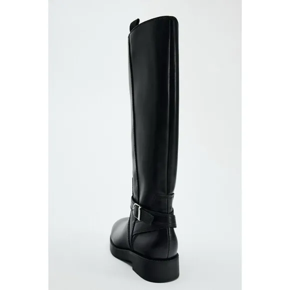 Zara Black Knee High Leather Riding Boots Size US 9 EUR 40 Round Toe 1012/410