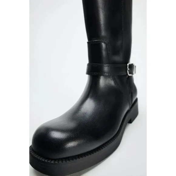 Zara Black Knee High Leather Riding Boots Size US 9 EUR 40 Round Toe 1012/410