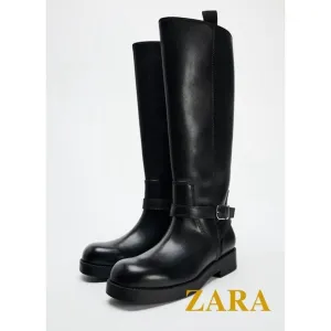 Zara Black Knee High Leather Riding Boots Size US 9 EUR 40 Round Toe 1012/410
