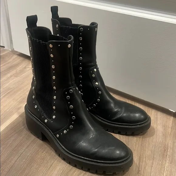 Zara Black Studded Pull On Ankle Boots Leather Midcalf Biker size 7.5