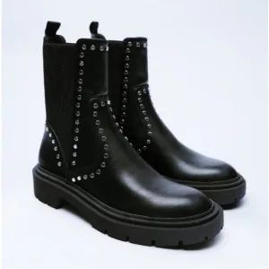 Zara Black Studded Pull On Ankle Boots Leather Midcalf Biker size 7.5