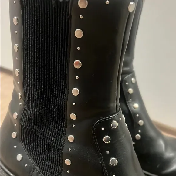 Zara Black Studded Pull On Ankle Boots Leather Midcalf Biker size 7.5