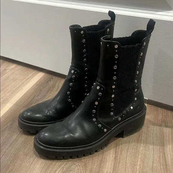 Zara Black Studded Pull On Ankle Boots Leather Midcalf Biker size 7.5