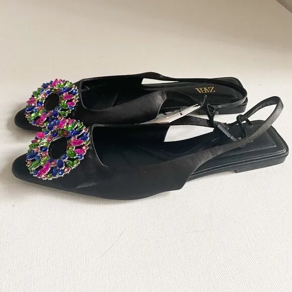 Zara Colourful Rhiniestone Detail Balck Satin Flats 37