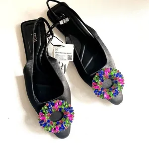 Zara Colourful Rhiniestone Detail Balck Satin Flats 37