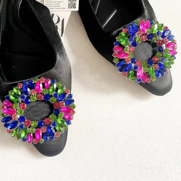 Zara Colourful Rhiniestone Detail Balck Satin Flats 37