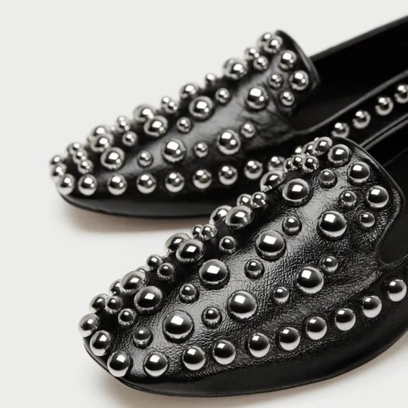 Zara Leather Metal Stud Square Toe Loafer
