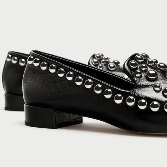 Zara Leather Metal Stud Square Toe Loafer