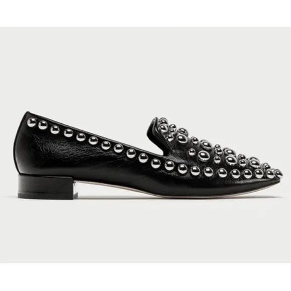 Zara Leather Metal Stud Square Toe Loafer