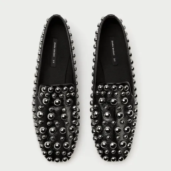 Zara Leather Metal Stud Square Toe Loafer