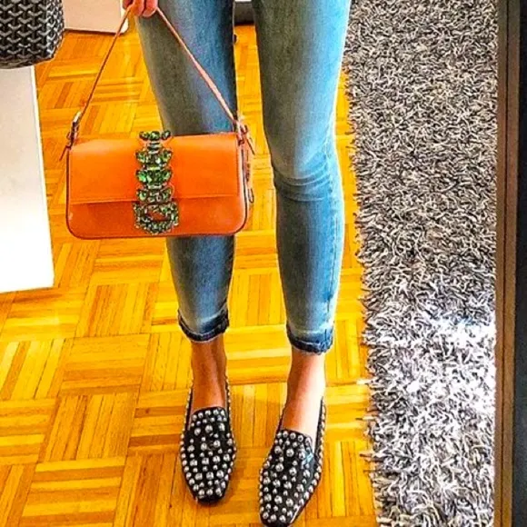 Zara Leather Metal Stud Square Toe Loafer