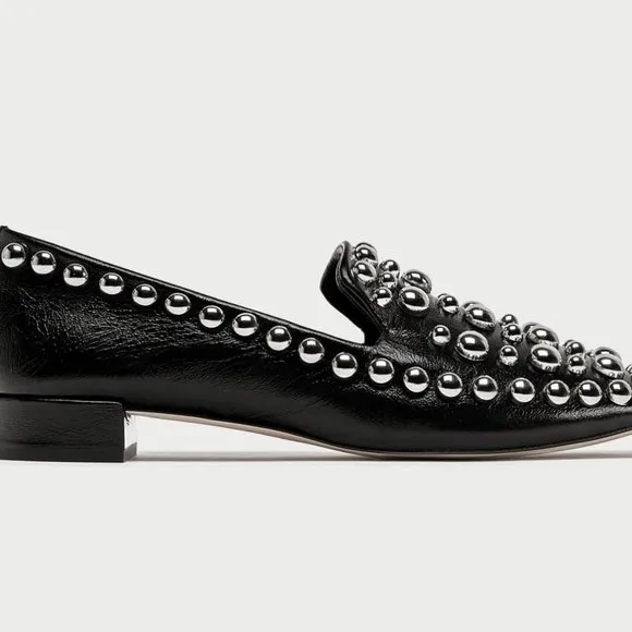 Zara Leather Metal Stud Square Toe Loafer
