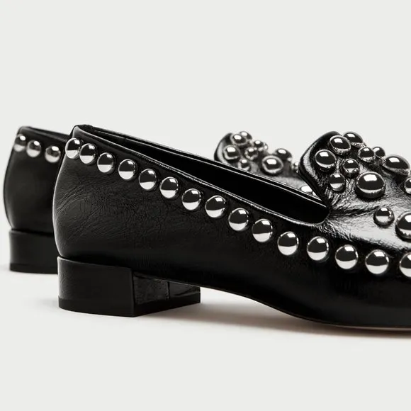 Zara Leather Metal Stud Square Toe Loafer