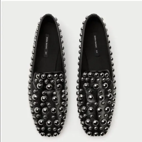 Zara Leather Metal Stud Square Toe Loafer