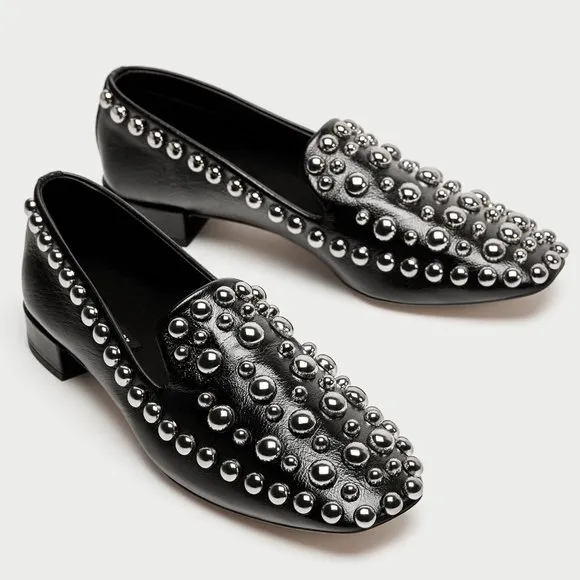 Zara Leather Metal Stud Square Toe Loafer