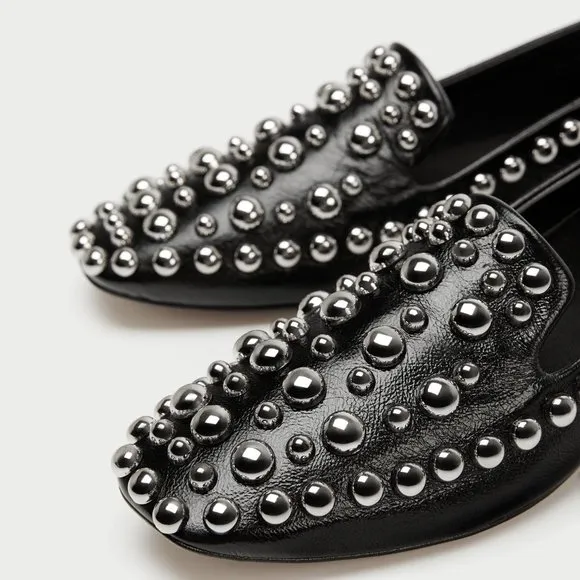 Zara Leather Metal Stud Square Toe Loafer