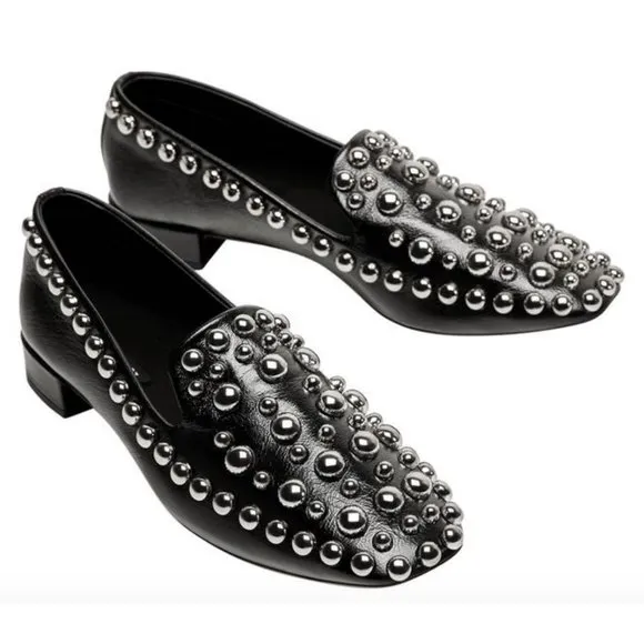 Zara Leather Metal Stud Square Toe Loafer