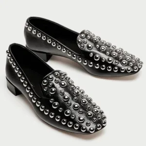 Zara Leather Metal Stud Square Toe Loafer