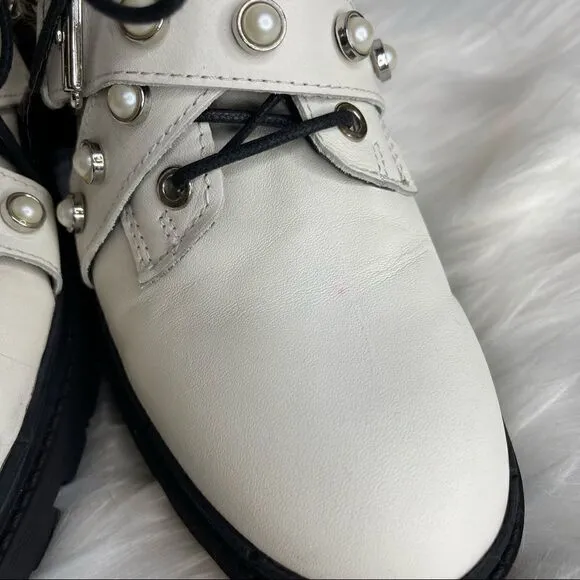 𝅺ZARA Leather Pearl and Chain Moto Combat Boots White 37