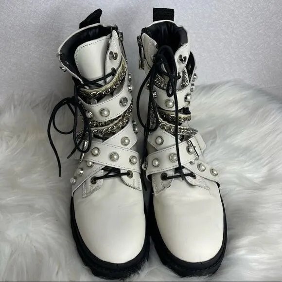𝅺ZARA Leather Pearl and Chain Moto Combat Boots White 37