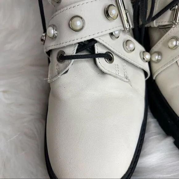𝅺ZARA Leather Pearl and Chain Moto Combat Boots White 37