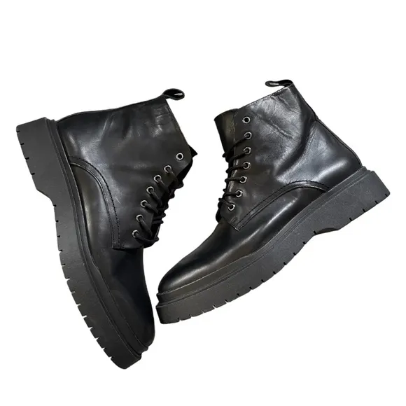 Zara Mens Thick Soled Laceup Leather Black Boots