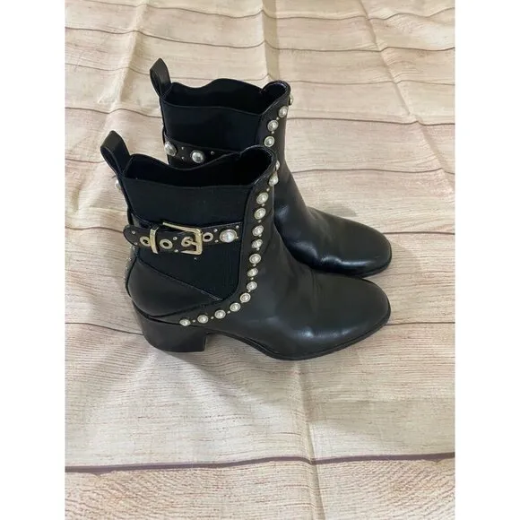 Zara Women's Black Pearl Studded Pull On Ankle Boots - 40 - 9/9.5