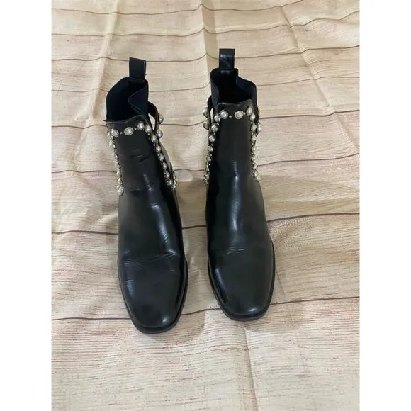 Zara Women's Black Pearl Studded Pull On Ankle Boots - 40 - 9/9.5