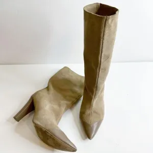 Zara Pointed Toe Pull On Knee High Heeled Boots Khaki Tan Women's 38 US 7.5