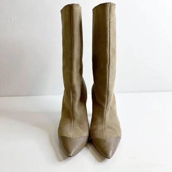 Zara Pointed Toe Pull On Knee High Heeled Boots Khaki Tan Women's 38 US 7.5
