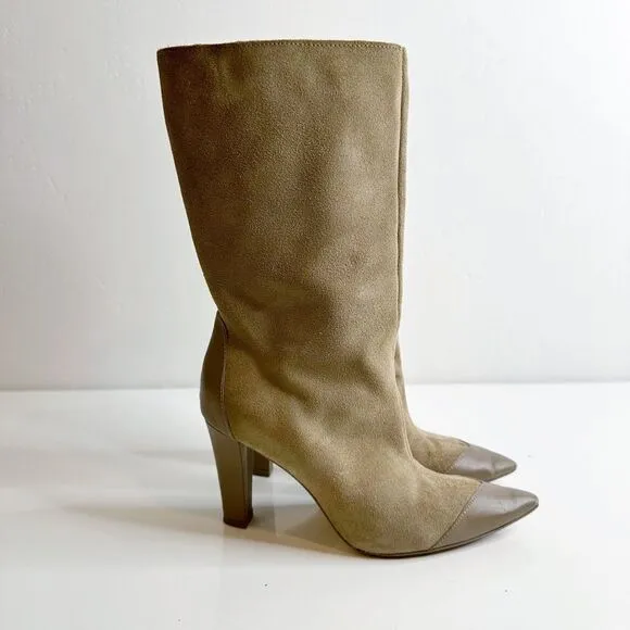 Zara Pointed Toe Pull On Knee High Heeled Boots Khaki Tan Women's 38 US 7.5