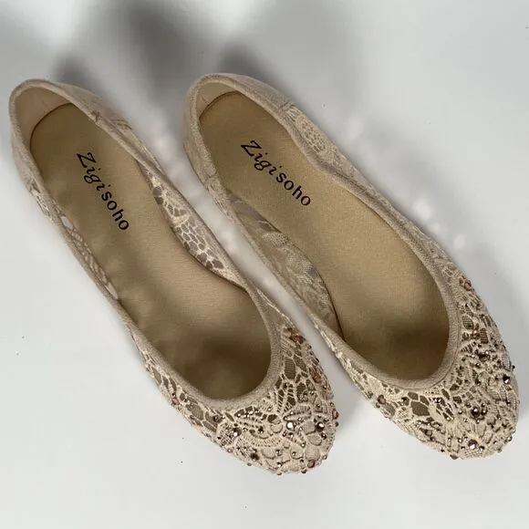 Zigi Soho Sz 6 Embellished Lace Ballet Flats Hypnotize Cream