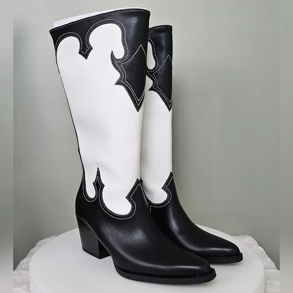 Zodiac Womens Dawson Western Tall Cowboy Pull-on Boots in Black &amp; White