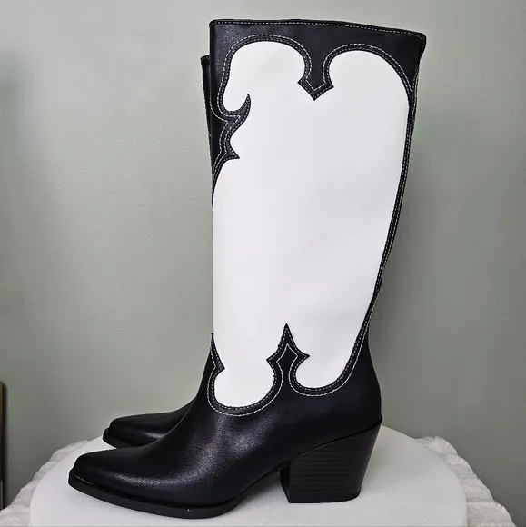 Zodiac Womens Dawson Western Tall Cowboy Pull-on Boots in Black &amp; White